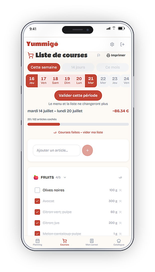 Liste de courses Yummigo