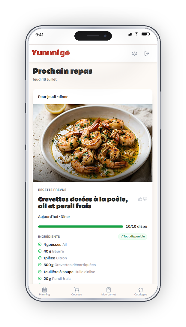 Prochain repas planifié dans Yummigo